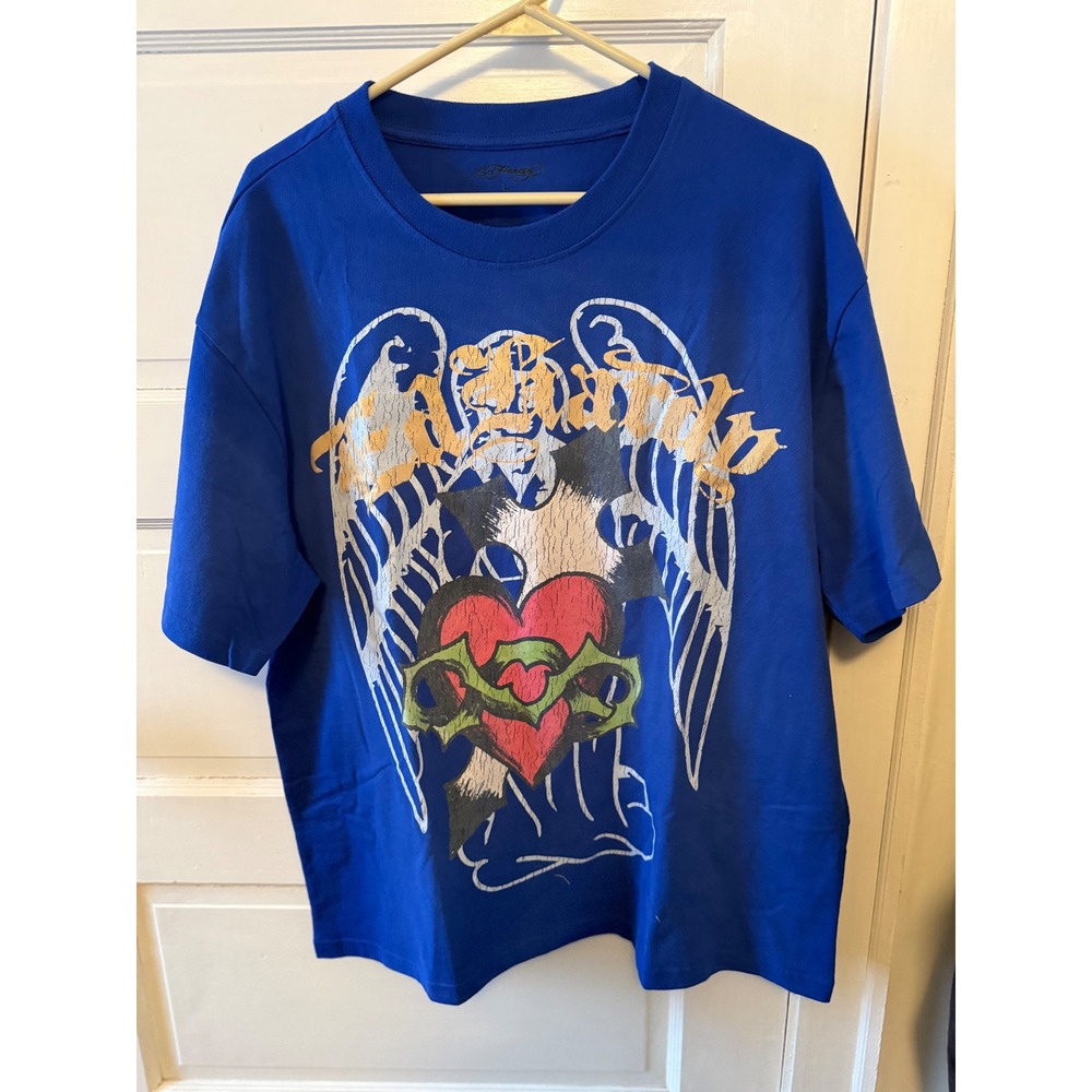 Ed‎ Hardy Mens Blue Graphic T-Shirt Tattoo Heart Wings NWT Large